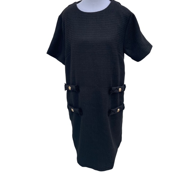 Black Tweed Shift Dress with Gold Buttons Short Sleeve Career Party - Picture 1 of 6